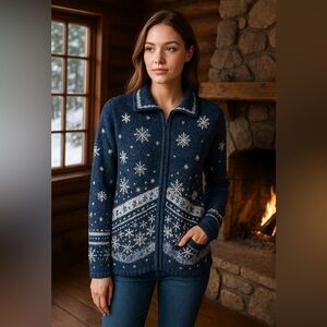 Vintage Tiara International Christmas Sweater Snowflake Embellished Blue Large